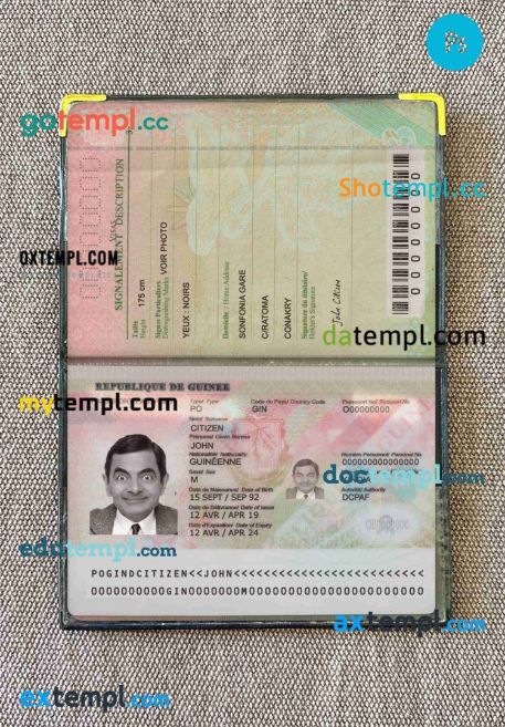 Guinea passport PSD files, scan and photo look templates (2018 present), 2 in 1