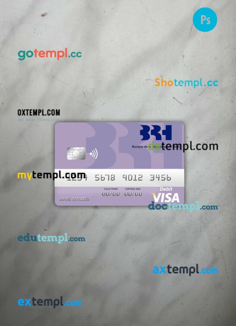 Haiti BRH Bank visa debit card PSD scan and photo-realistic snapshot, 2 in 1