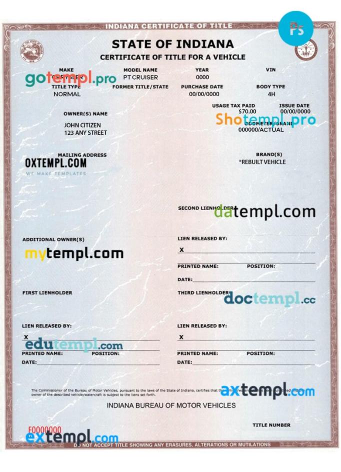 Indiana certificate of title of a vehicle (car title) template in PSD format, fully editable