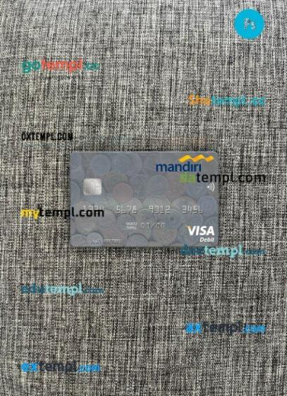 Indonesia Bank Mandiri visa debit card PSD scan and photo-realistic snapshot, 2 in 1