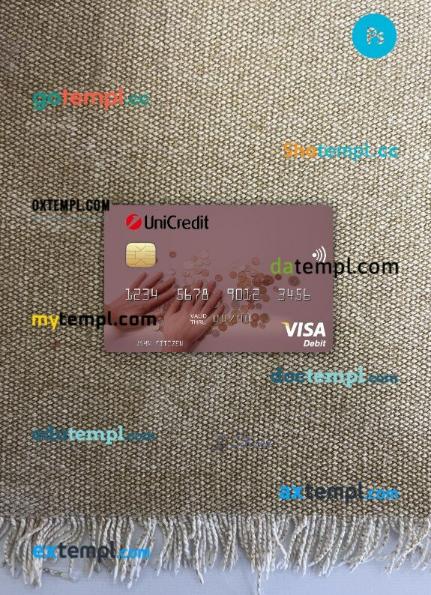 Italy UniCredit Bank visa debit card PSD scan and photo-realistic snapshot, 2 in 1