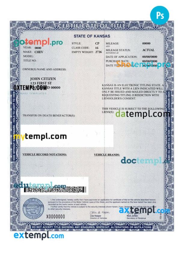 Kansas certificate of title of a vehicle (car title) template in PSD format, fully editable