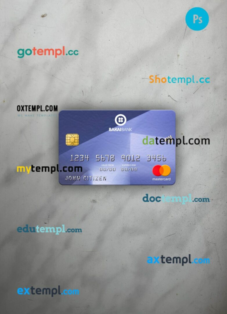 Kyrgyzstan OJSC Bakai Bank mastercard PSD scan and photo taken image, 2 in 1