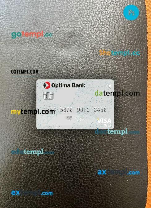Kyrgyzstan Optima Bank visa debit card PSD scan and photo-realistic snapshot, 2 in 1