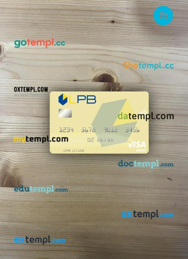 Latvia LPB Bank visa debit card PSD scan and photo-realistic snapshot, 2 in 1