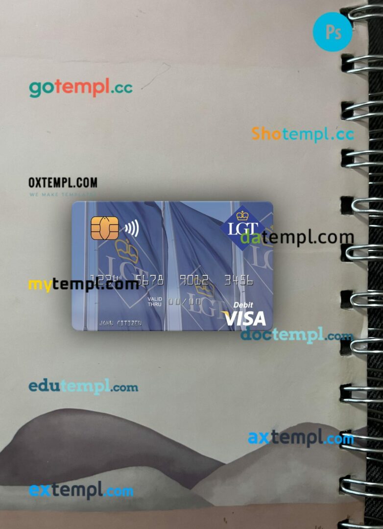 Liechtenstein LGT Bank visa debit card PSD scan and photo-realistic snapshot, 2 in 1