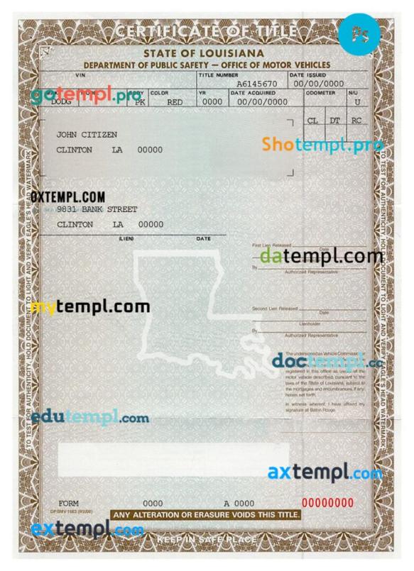 Louisiana certificate of title of a vehicle (car title) template in PSD format, fully editable