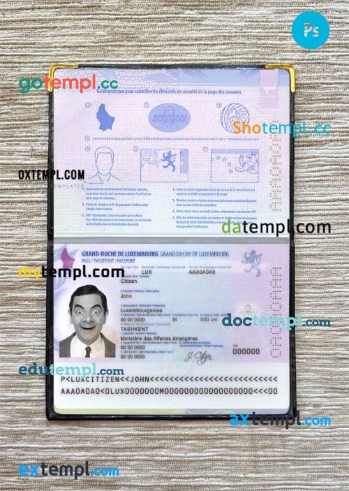 Luxembourg passport editable PSD files, scan and photo look templates, 2 in 1