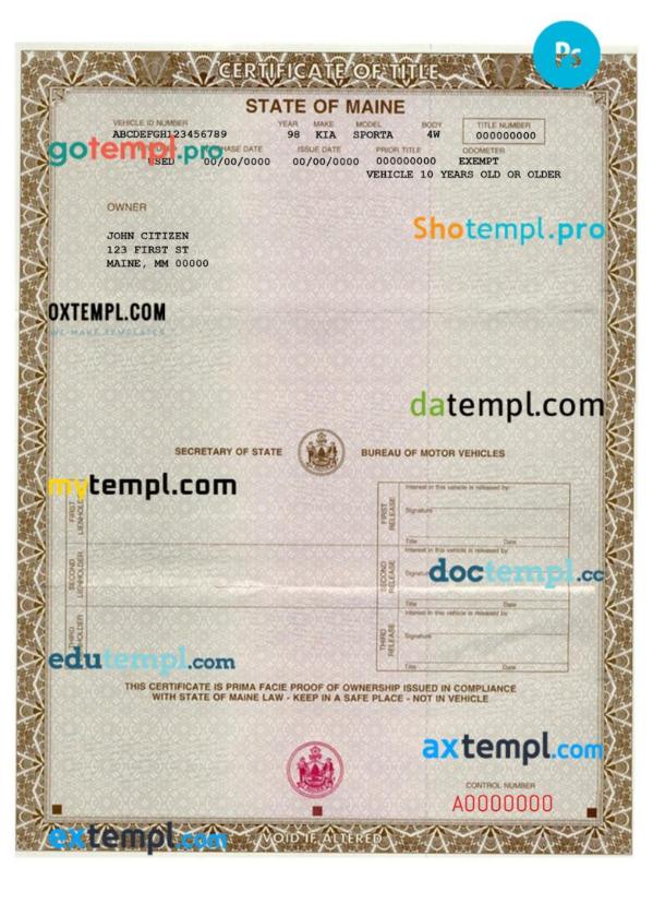 Maine certificate of title of a vehicle (car title) template in PSD format, fully editable