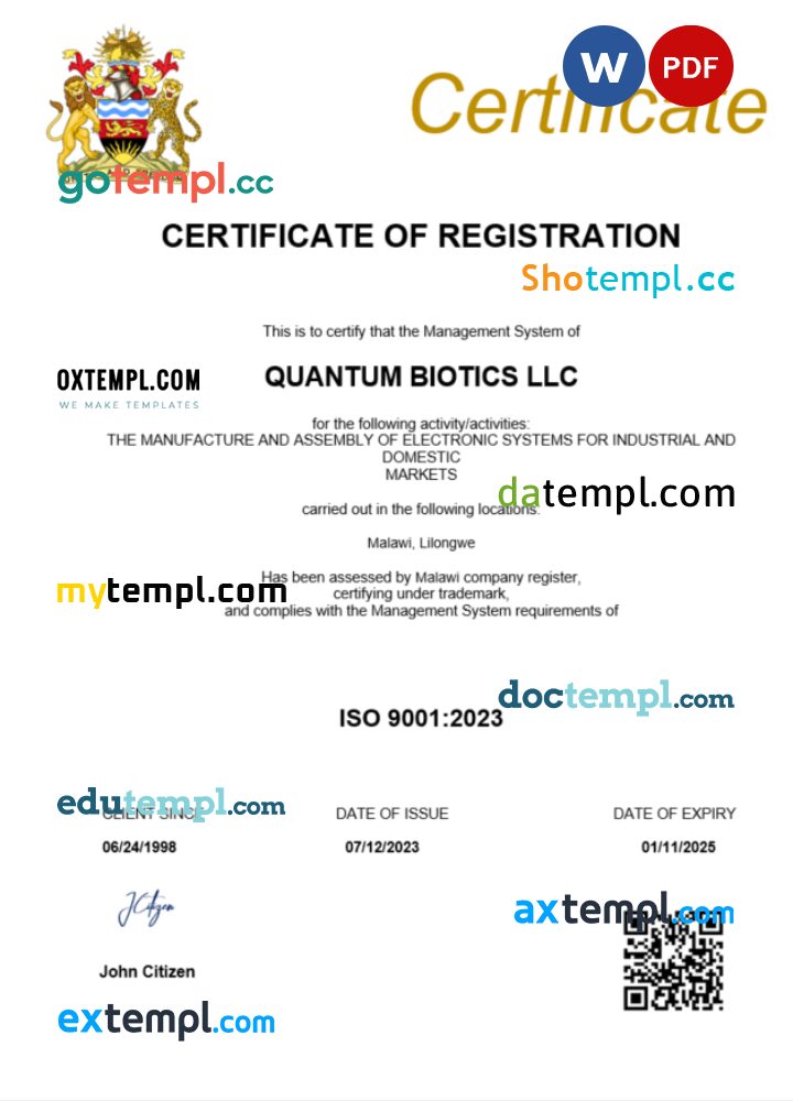 Mali business registration certificate Word and PDF template