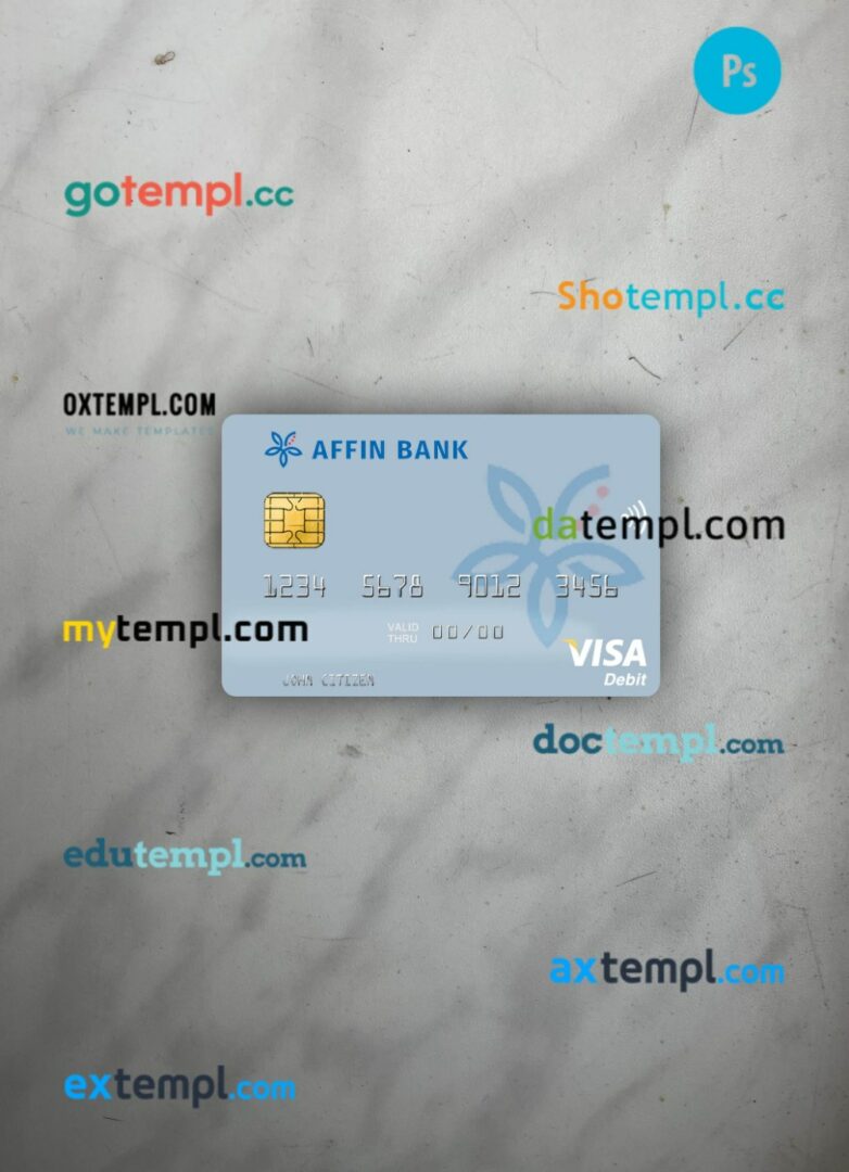 Malaysia Affin Bank visa debit card PSD scan and photo-realistic snapshot, 2 in 1