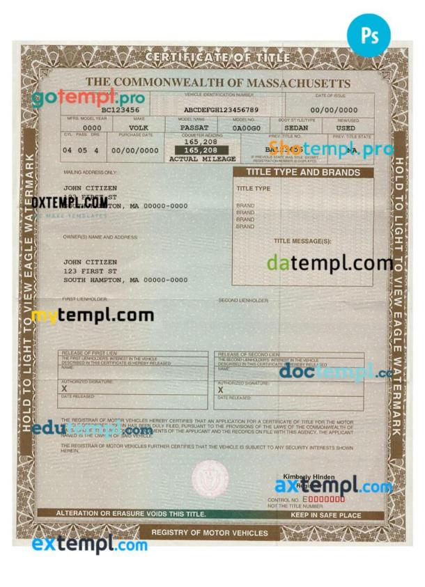 Massachusetts certificate of title of a vehicle (car title) template in PSD format, fully editable