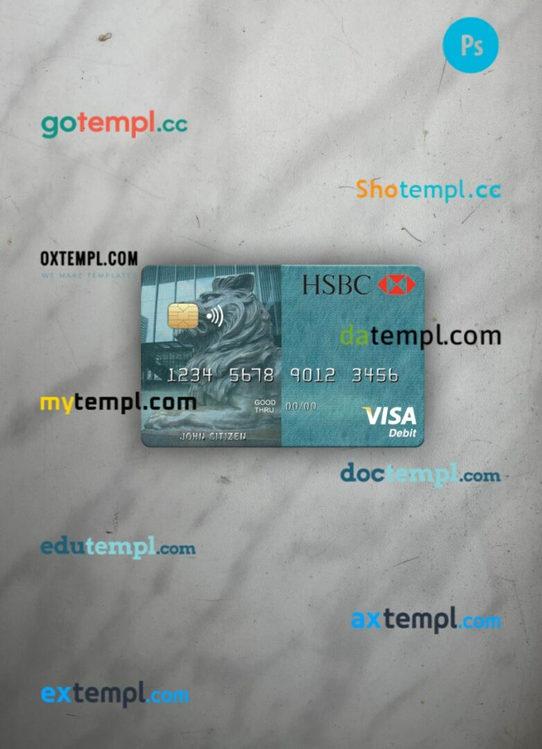 Mauritius HSBC Bank visa debit card PSD scan and photo-realistic snapshot, 2 in 1