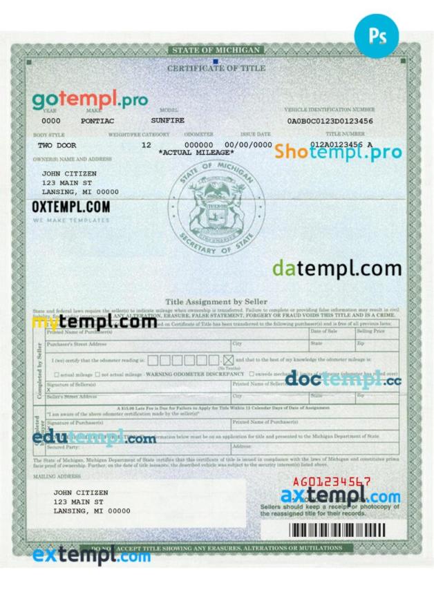 Michigan certificate of title of a vehicle (car title) template in PSD format, fully editable