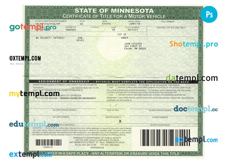 Minnesota certificate of title of a vehicle (car title) template in PSD format, fully editable