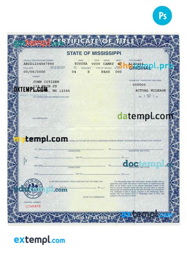 Mississippi certificate of title of a vehicle (car title) template in PSD format, fully editable