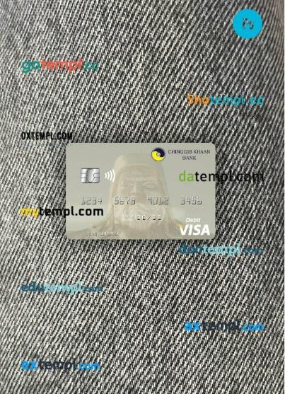 Mongolia Chinggis Khaan Bank visa debit card PSD scan and photo-realistic snapshot, 2 in 1