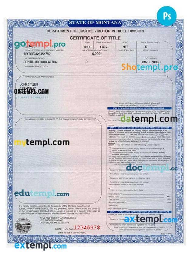 Montana certificate of title of a vehicle (car title) template in PSD format, fully editable