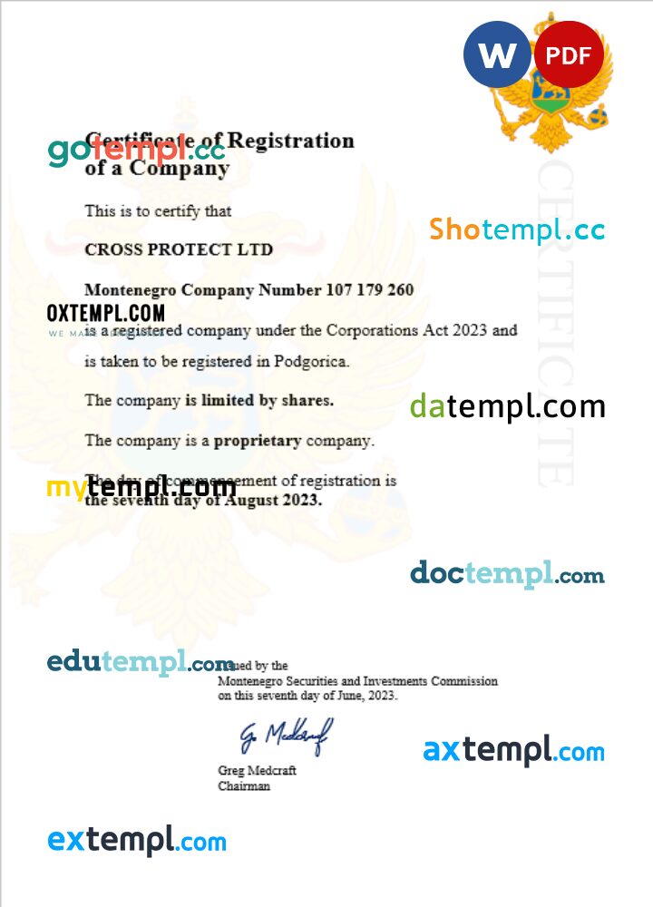 Montenegro company registration certificate Word and PDF template