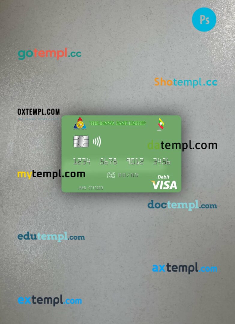 Myanmar Innwa Bank Limited visa debit card PSD scan and photo-realistic snapshot, 2 in 1