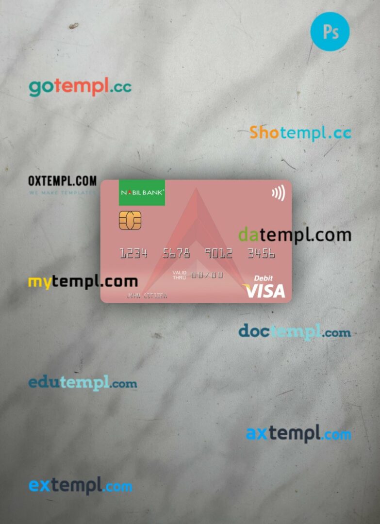 Nepal Nabil Bank visa debit card PSD scan and photo-realistic snapshot, 2 in 1