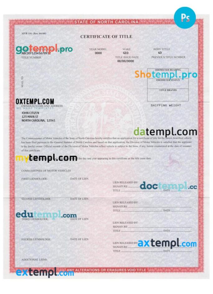 North Carolina certificate of title of a vehicle (car title) template in PSD format, fully editable