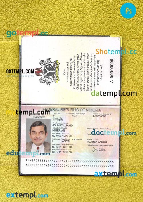 Nigeria passport PSD files, scan and photo look templates (2007-2019), 2 in 1