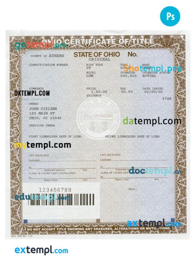 Ohio certificate of title of a vehicle (car title) template in PSD format, fully editable