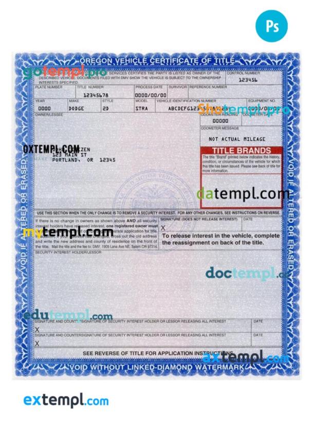 Oregon certificate of title of a vehicle (car title) template in PSD format, fully editable