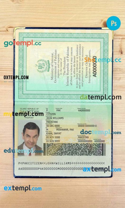 Pakistan passport PSD files, editable scan and photo-realistic look sample, 2 in 1