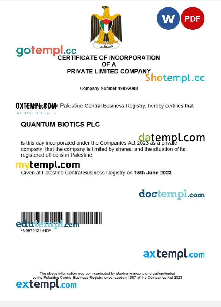 Palestine business registration certificate Word and PDF template