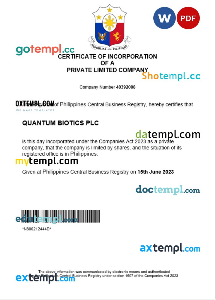 Philippines business registration certificate Word and PDF template