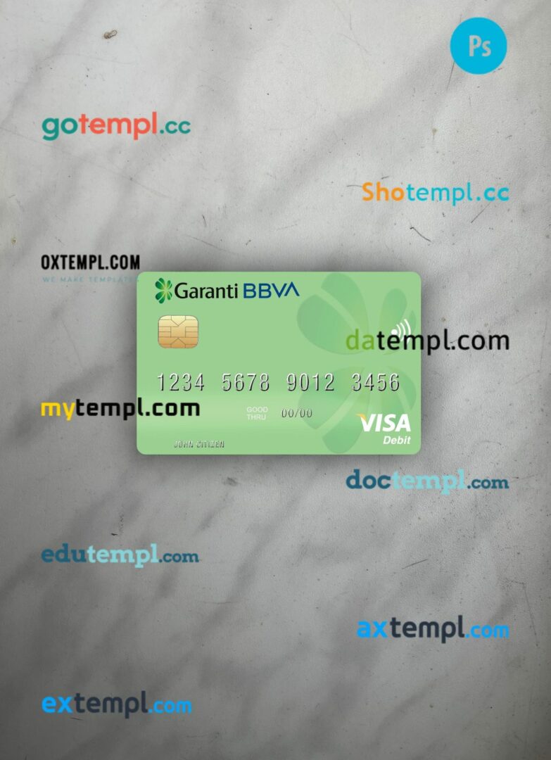 Romania Garanti BBVA visa debit card PSD scan and photo-realistic snapshot, 2 in 1