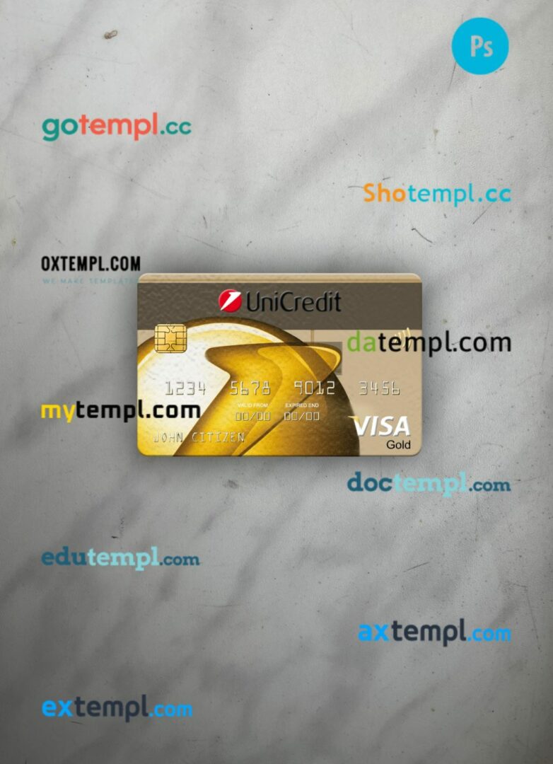 Romania UniCredit Bank visa gold card PSD scan and photo-realistic snapshot, 2 in 1