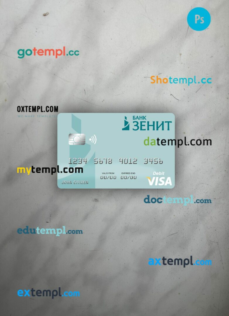 Russia Bank ZENIT visa debit card PSD scan and photo-realistic snapshot, 2 in 1