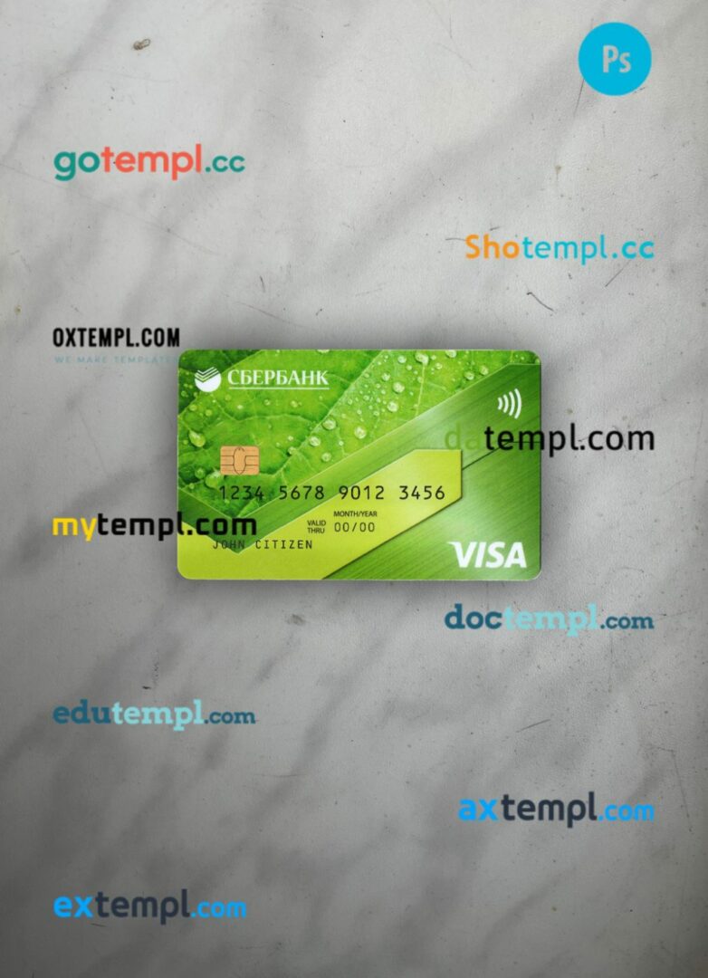 Russia Sberbank visa credit card green PSD scan and photo-realistic snapshot, 2 in 1