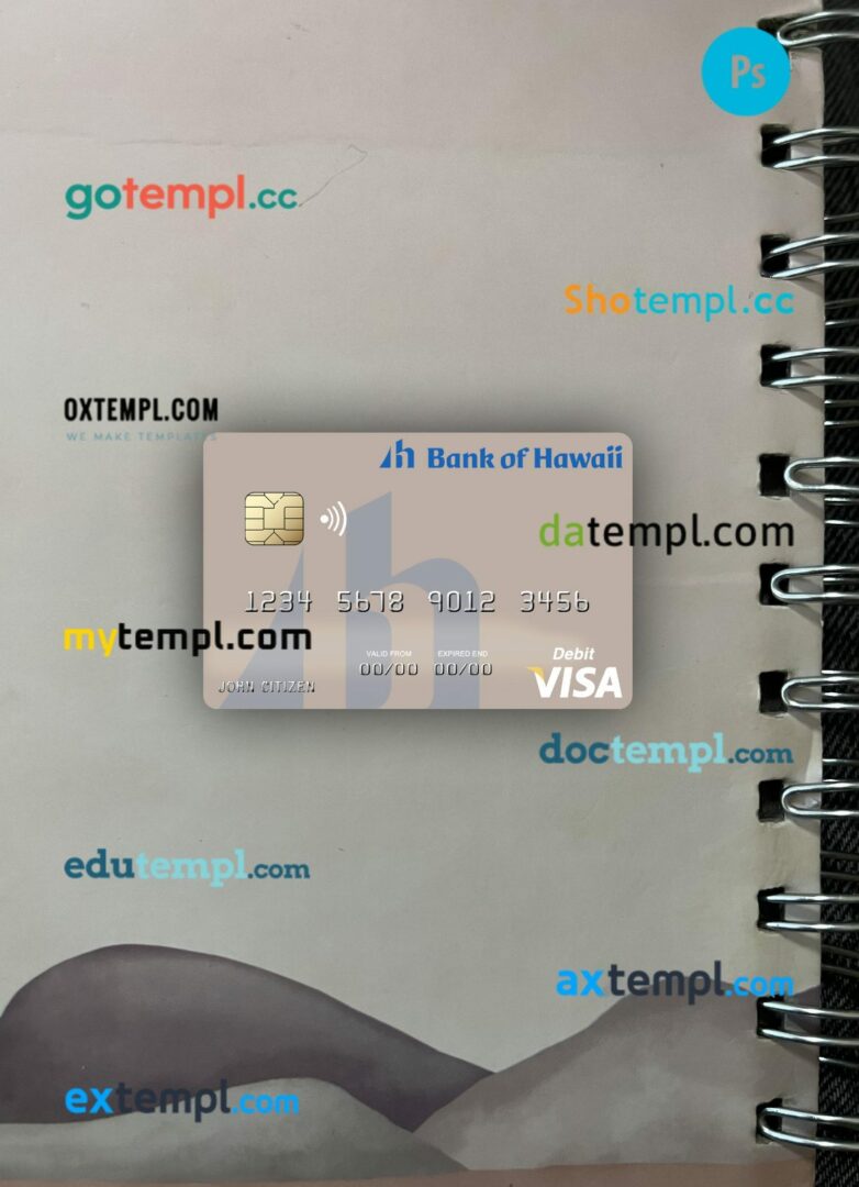 Samoa Bank of Hawaii visa debit card PSD scan and photo-realistic snapshot, 2 in 1