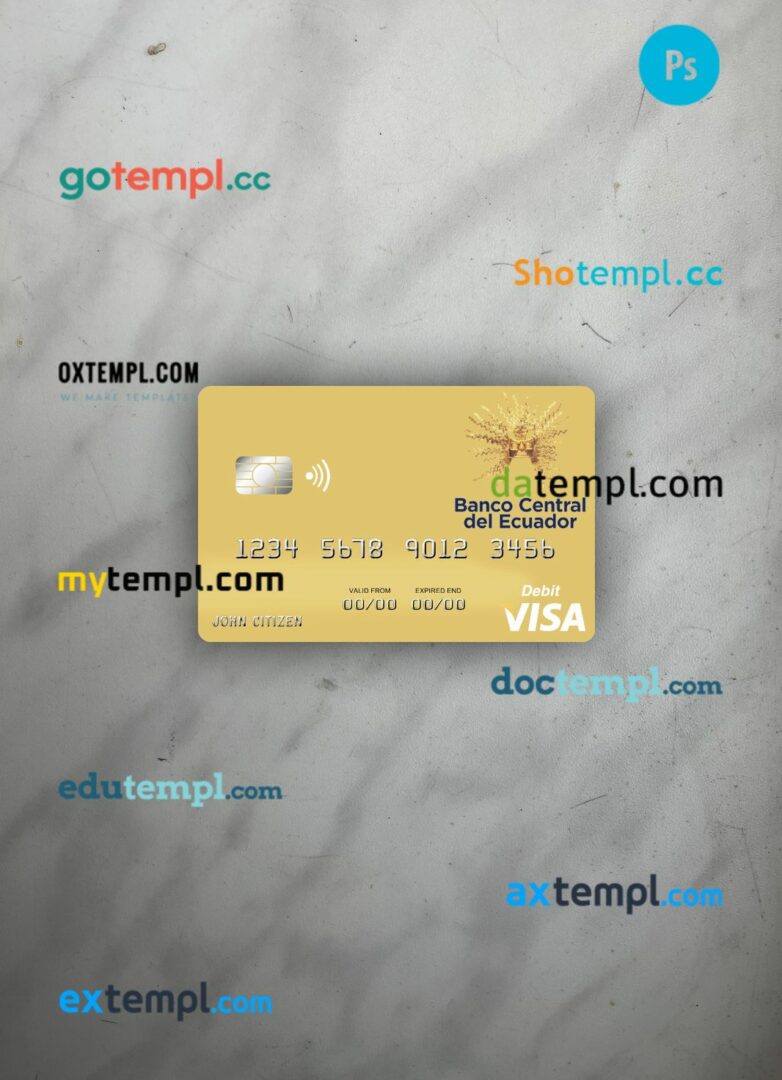 Sao Tome and Principe Banco Ecuador visa debit card PSD scan and photo-realistic snapshot, 2 in 1
