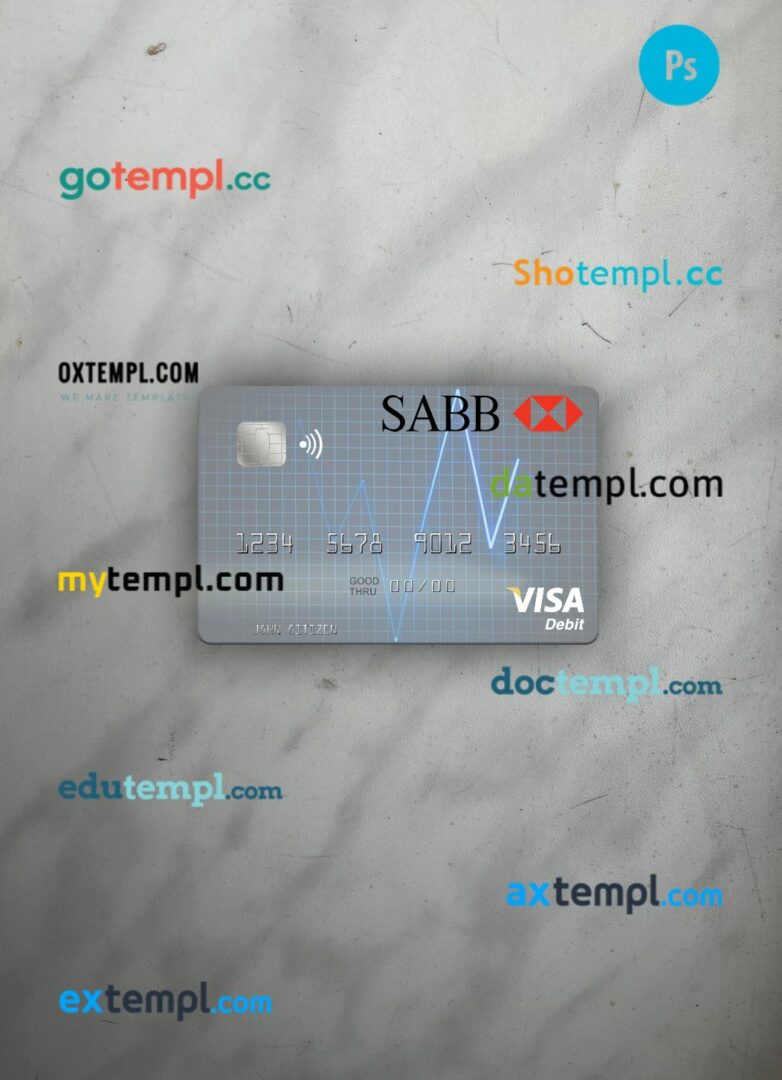 Saudi Arabia The Saudi British Bank visa debit card PSD scan and photo-realistic snapshot, 2 in 1