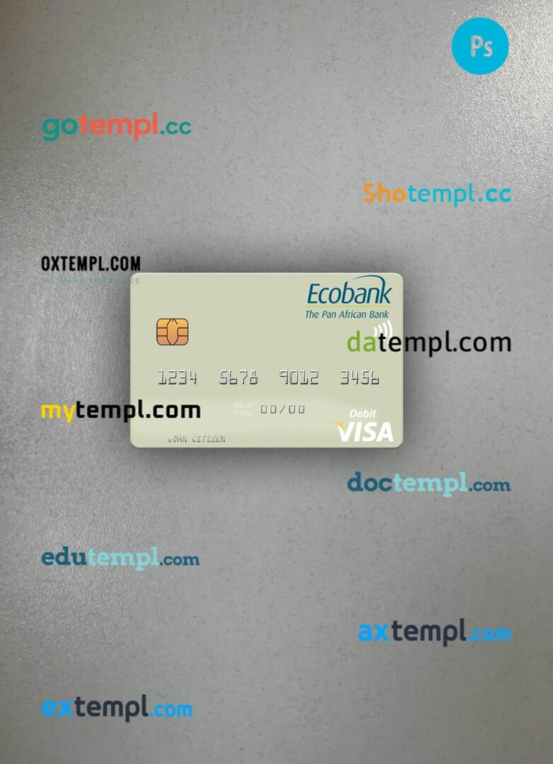 Senegal Ecobank Sénégal visa debit card PSD scan and photo-realistic snapshot, 2 in 1