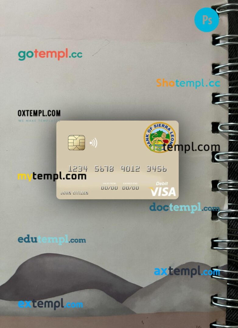 Sierra Leone Bank of Sierra Leone visa debit card PSD scan and photo-realistic snapshot, 2 in 1