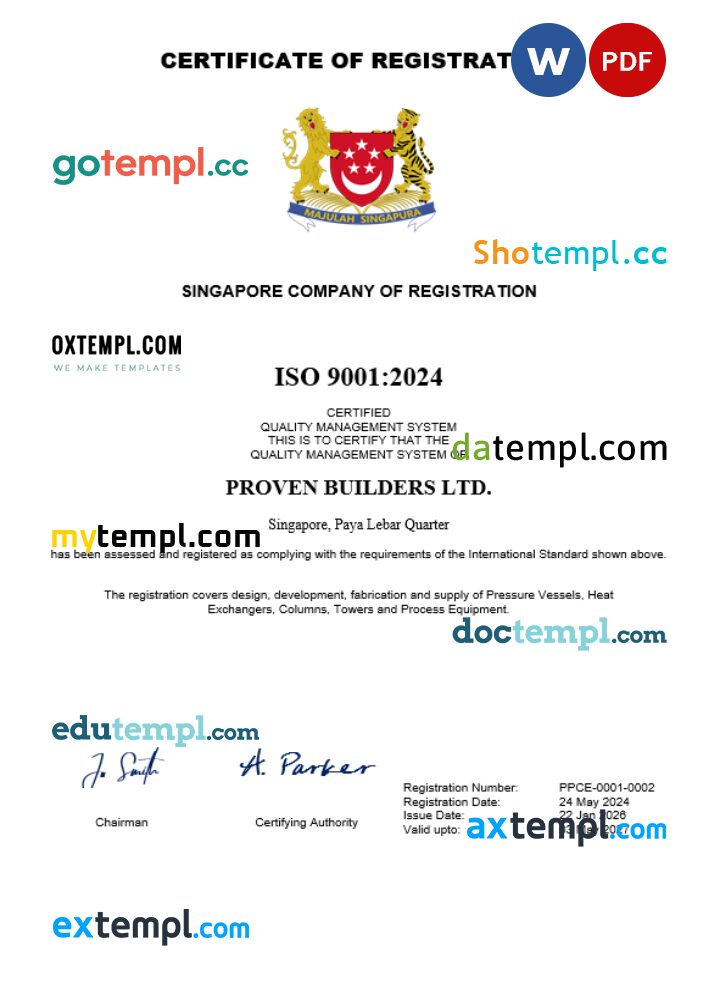 Singapore business registration certificate Word and PDF template