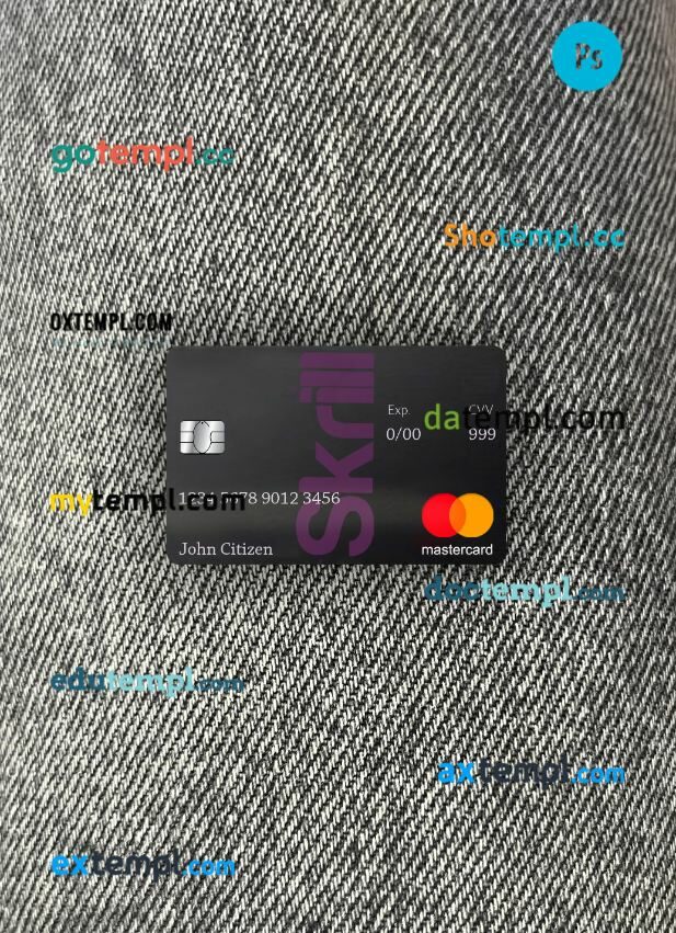 Skrill Mastercard Debit card template in PSD format, fully editable PSD scan and photo taken image, 2 in 1