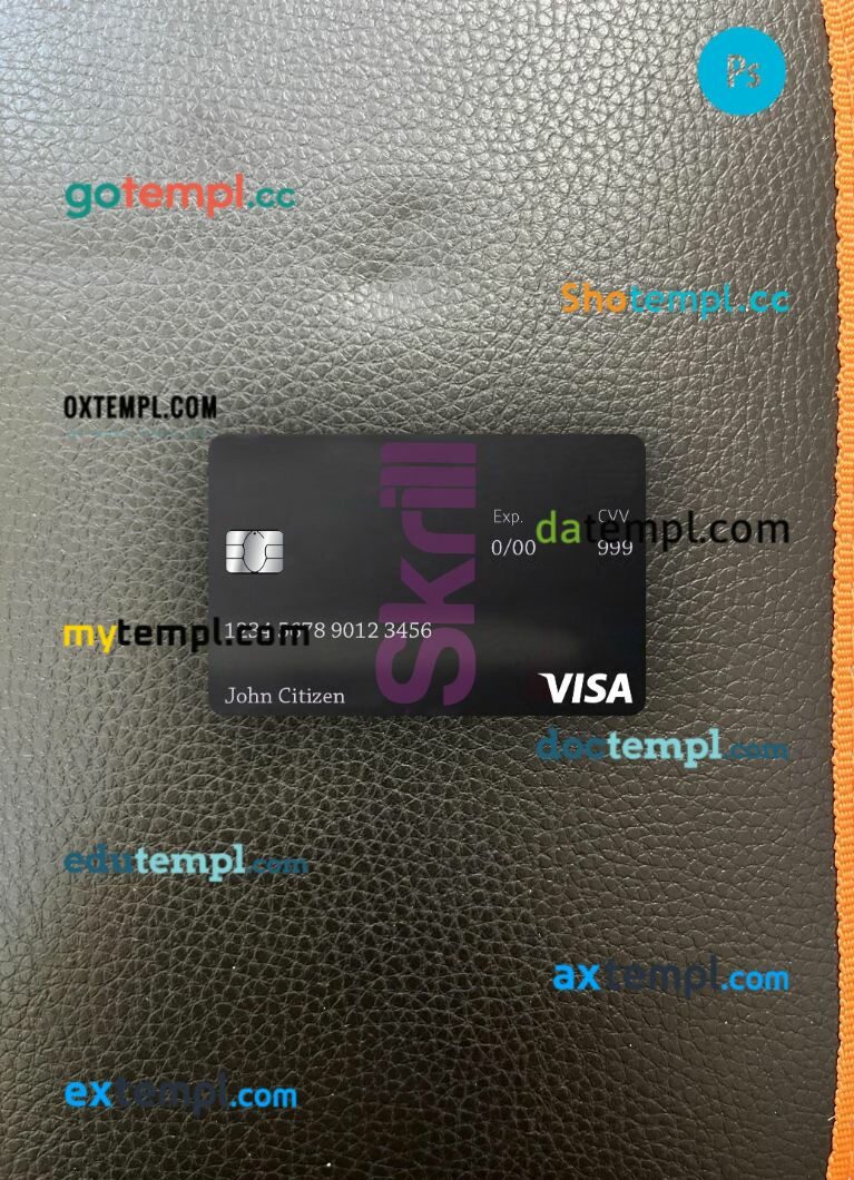 Skrill Visa Debit card template in PSD format, completely editable PSD scan and photo-realistic snapshot, 2 in 1
