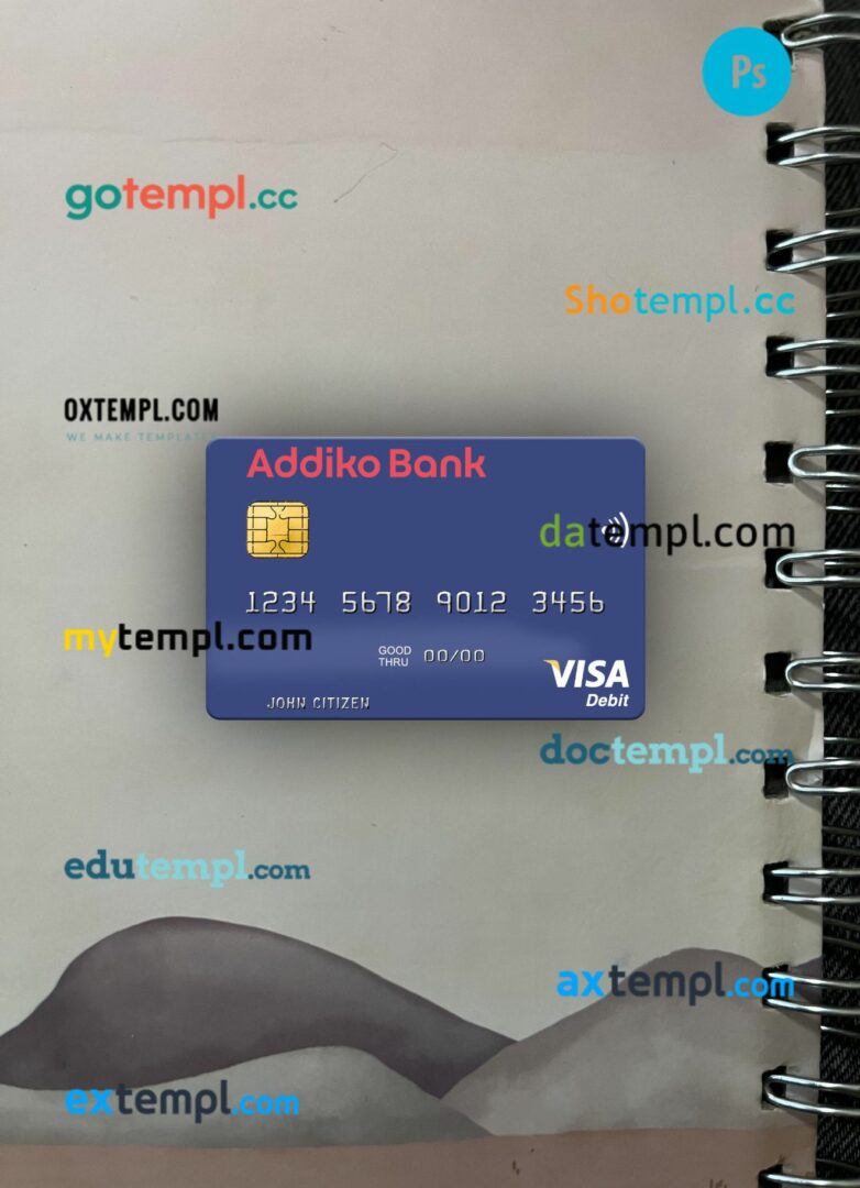 Slovenia Addiko Bank visa debit card PSD scan and photo-realistic snapshot, 2 in 1