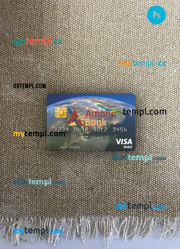 Somalia Amana Bank visa debit card PSD scan and photo-realistic snapshot, 2 in 1
