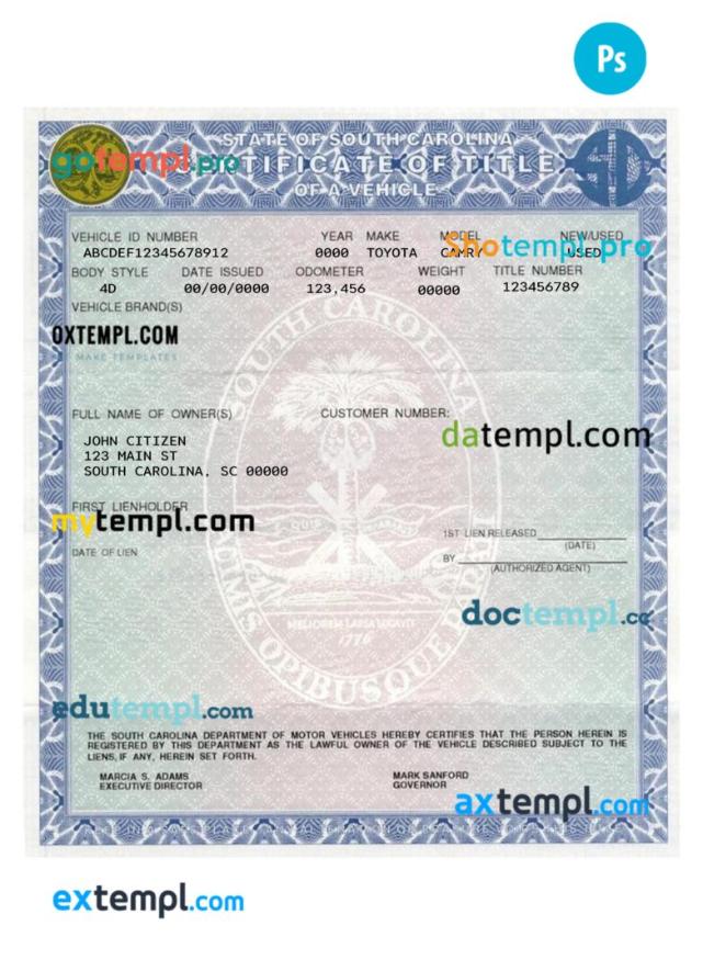 South Carolina certificate of title of a vehicle (car title) template in PSD format, fully editable