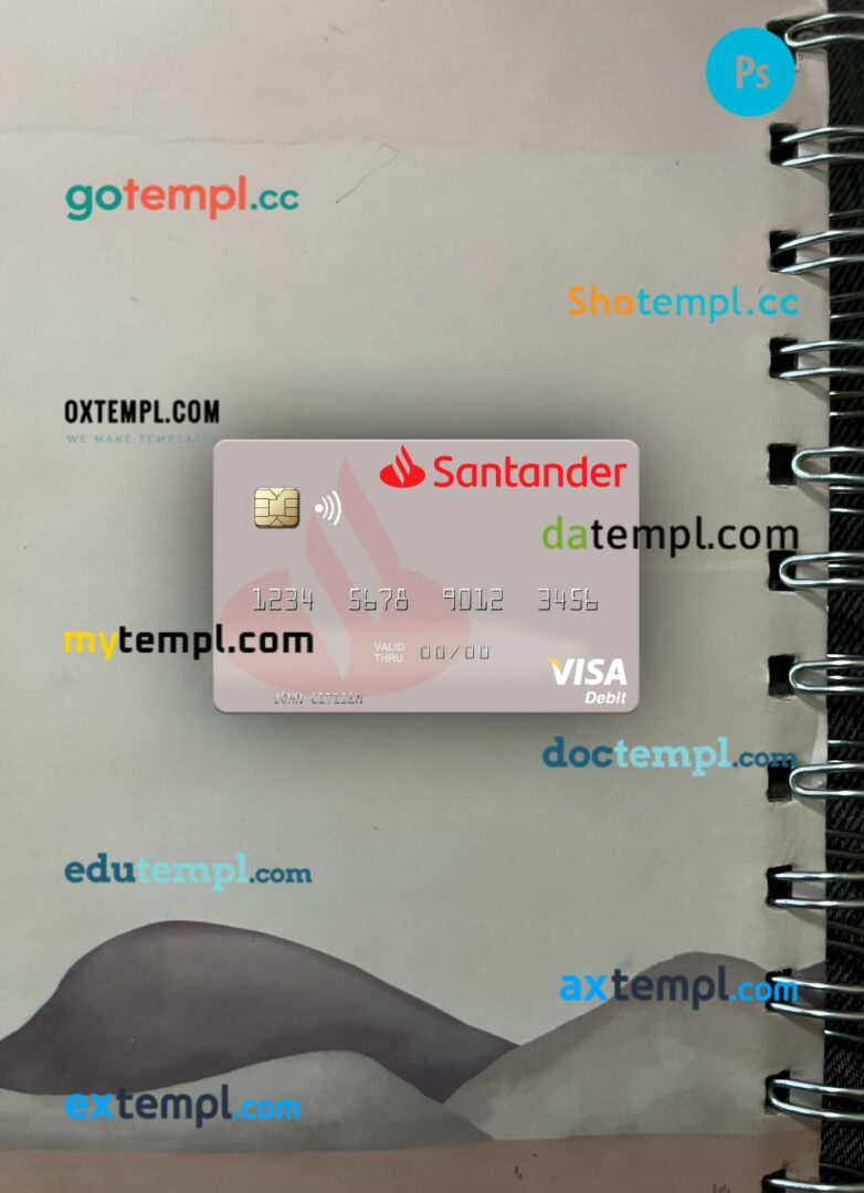 Spain Banco Santander visa debit card PSD scan and photo-realistic snapshot, 2 in 1