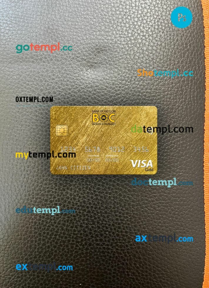 Sri Lanka Bank of Ceylon bank visa gold card PSD scan and photo-realistic snapshot, 2 in 1