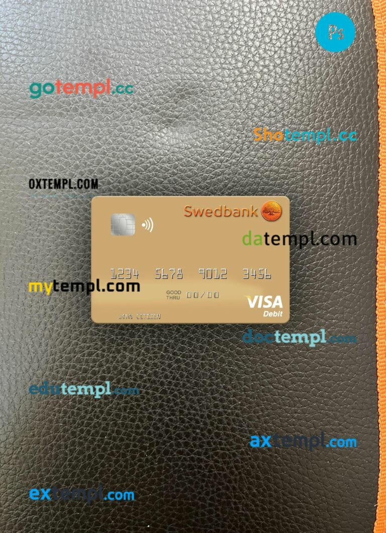 Sweden Swedbank visa debit card PSD scan and photo-realistic snapshot, 2 in 1